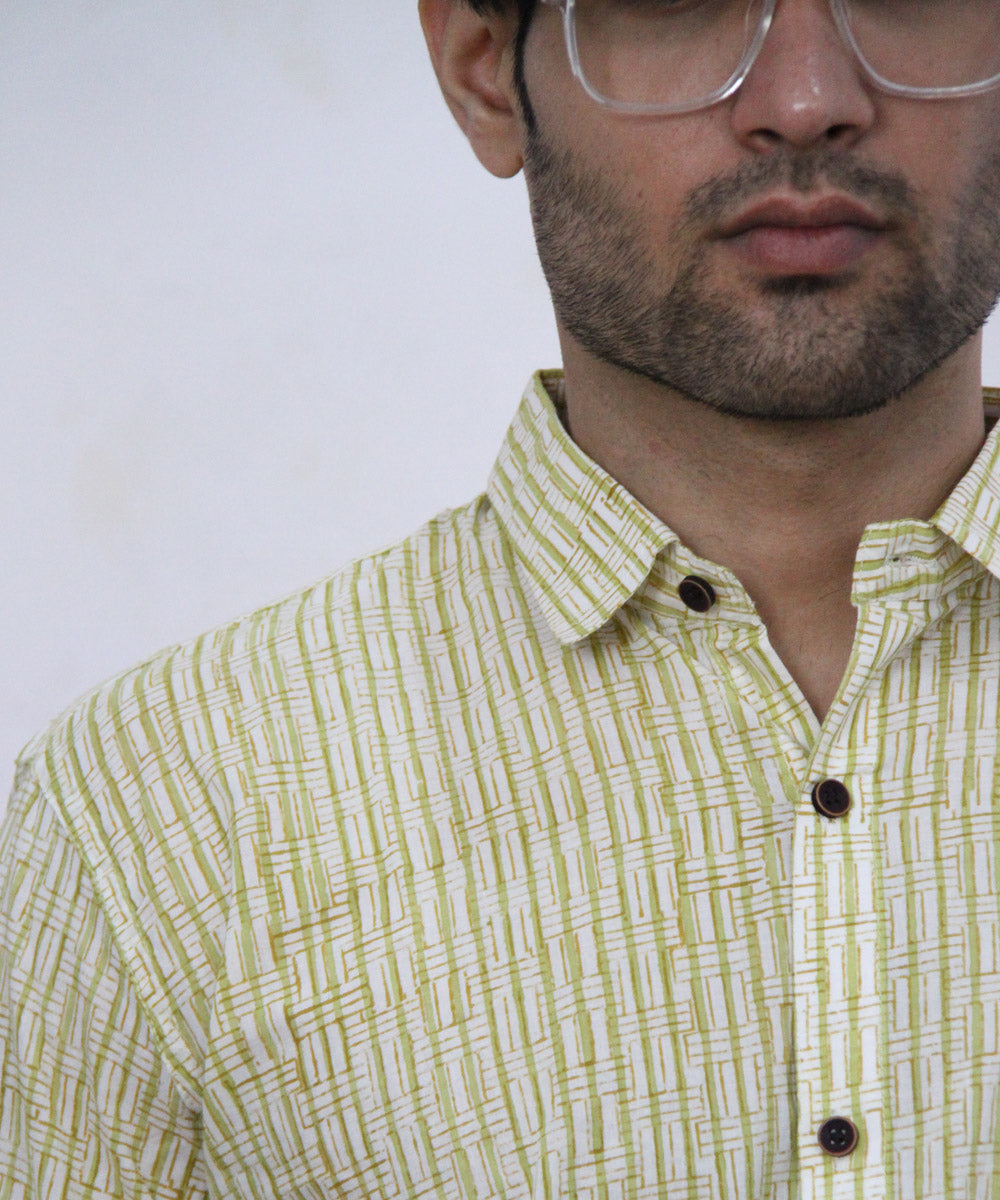 Off white stripe handblock printed cotton half sleeves shirt