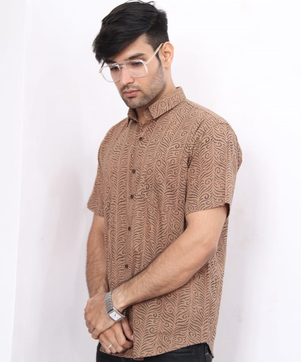 Brown feather handblock printed cotton half sleeves shirt