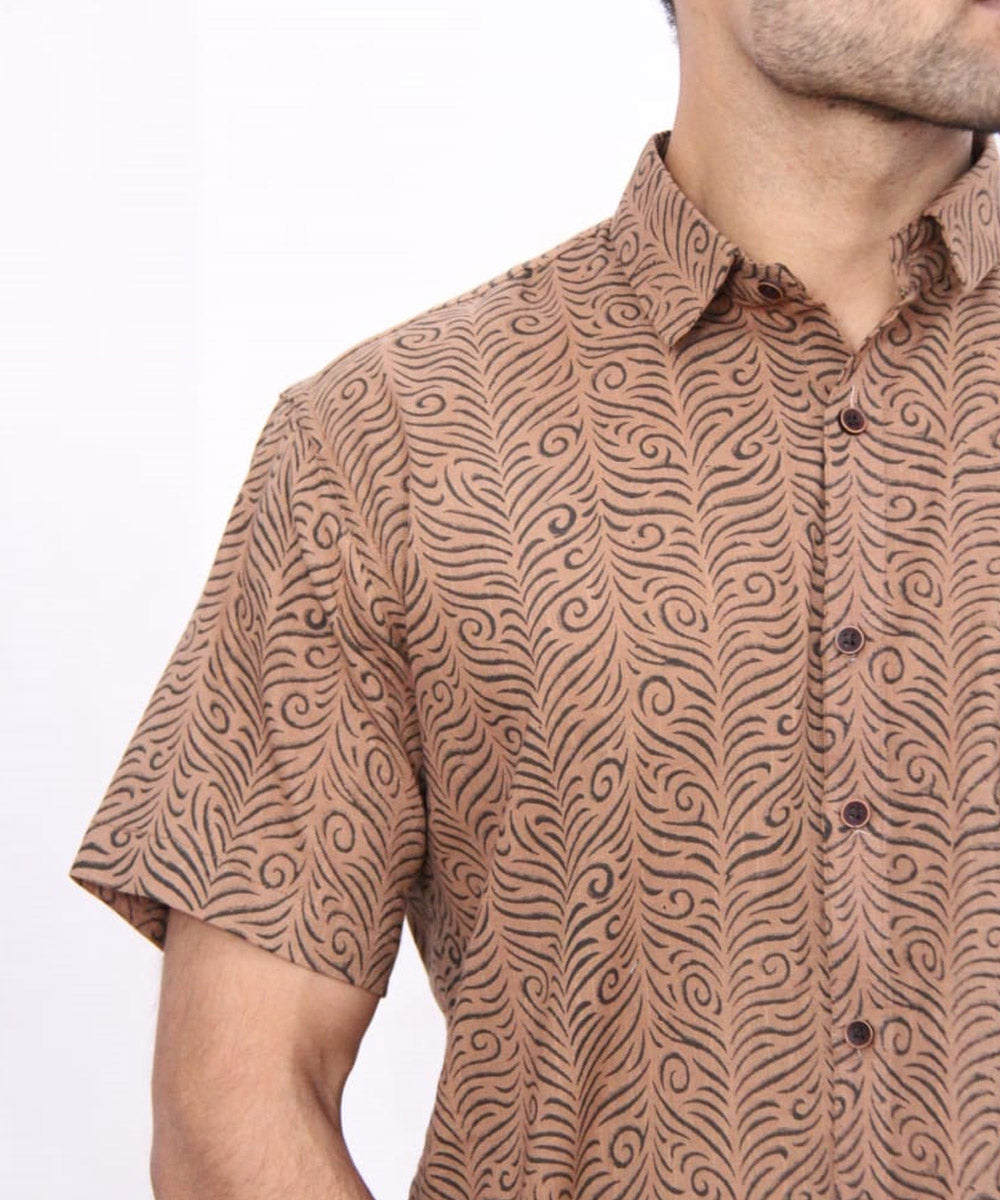 Brown feather handblock printed cotton half sleeves shirt