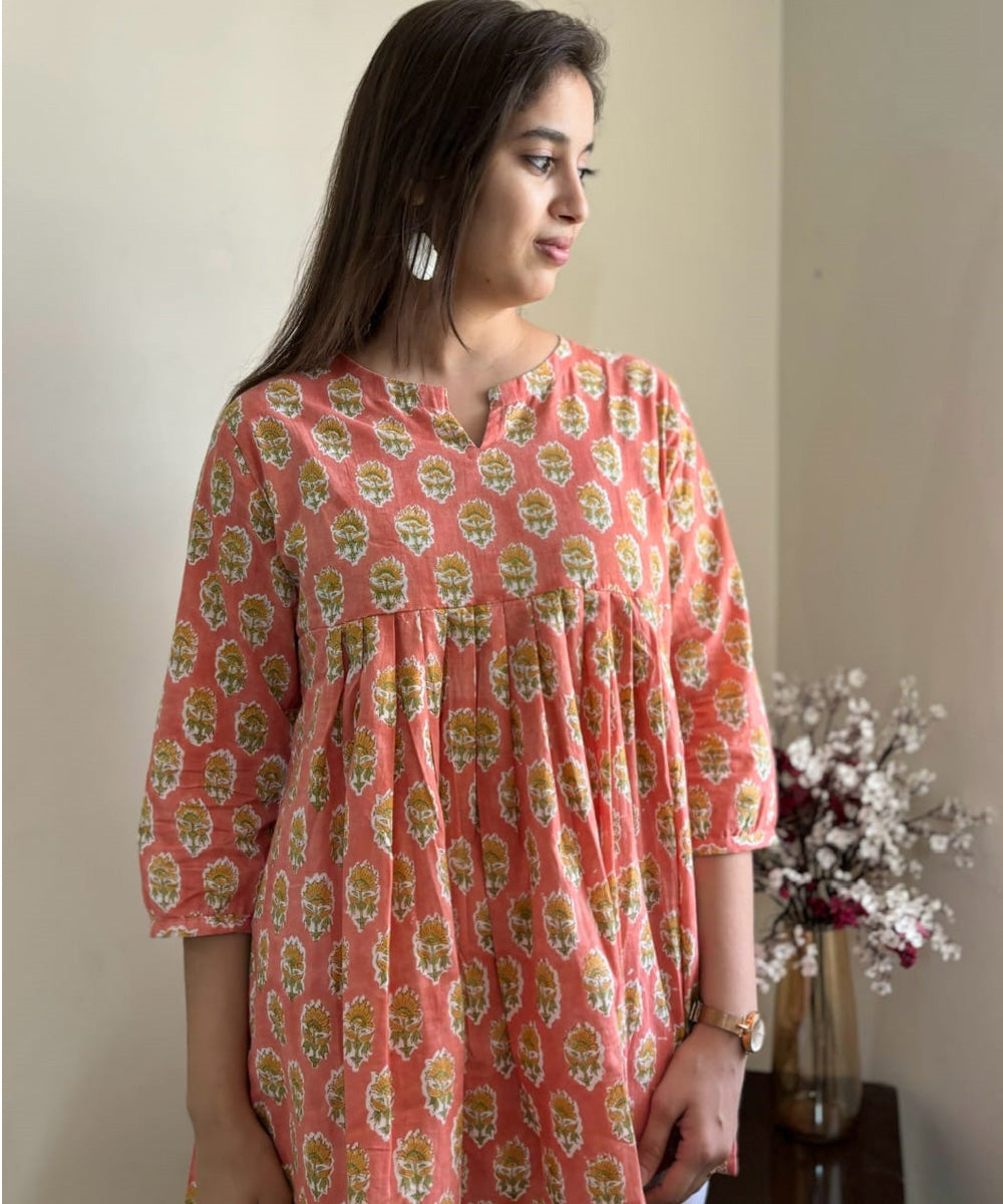 Peach hand block printed cotton floral tunic