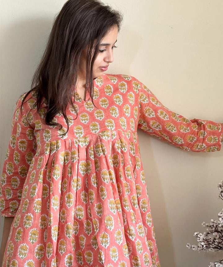 Peach hand block printed cotton floral tunic