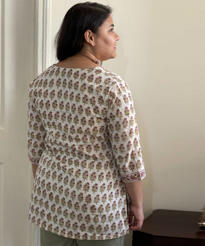 White handblock printed cotton floral tunic