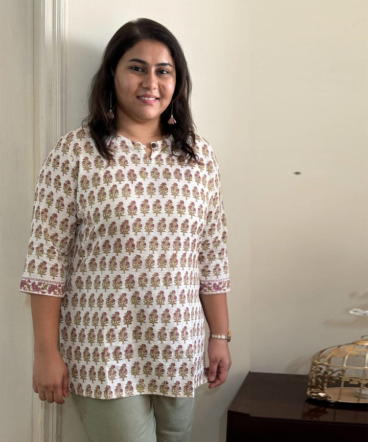 White handblock printed cotton floral tunic