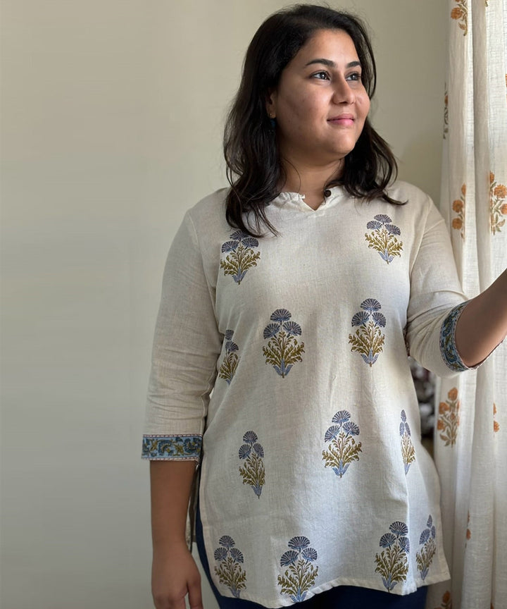 White mughal handblock printed cotton floral tunic