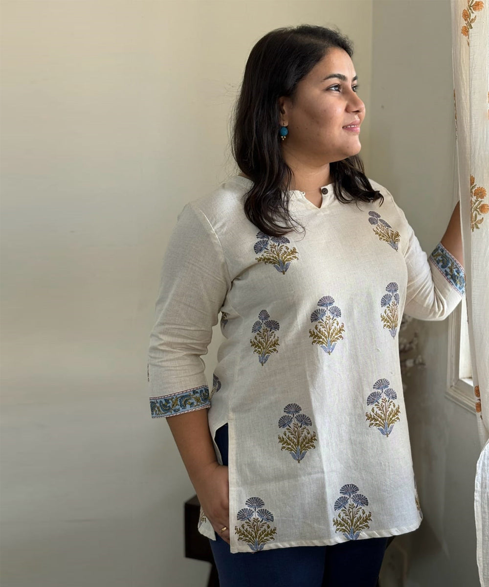 White mughal handblock printed cotton floral tunic