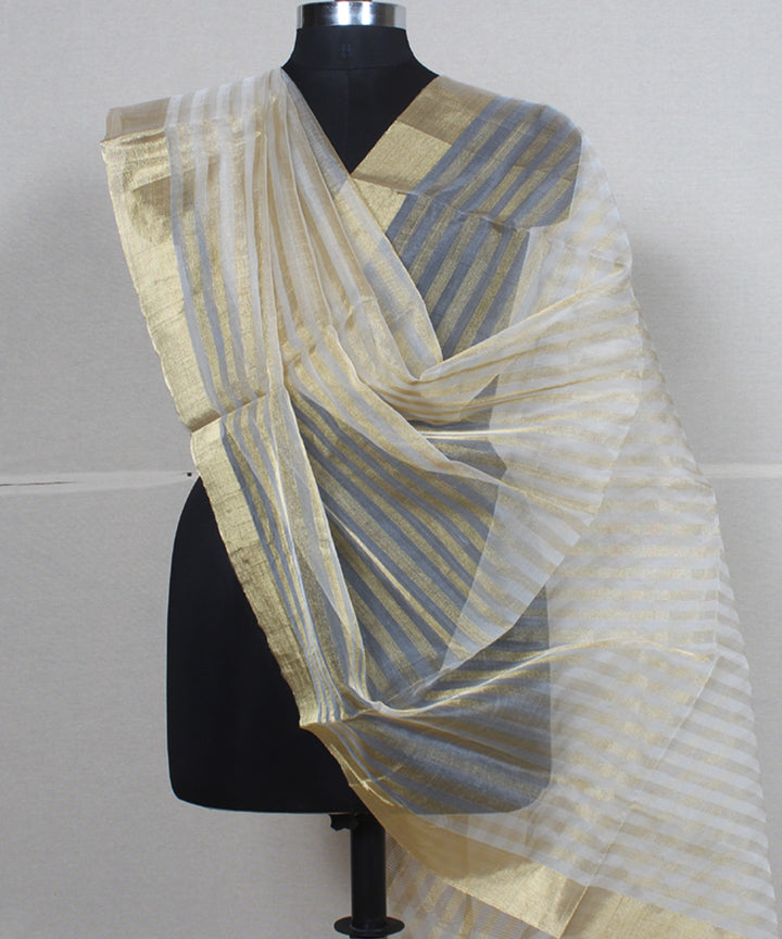 Offwhite golden zari striped cotton silk handwoven maheshwari dupatta