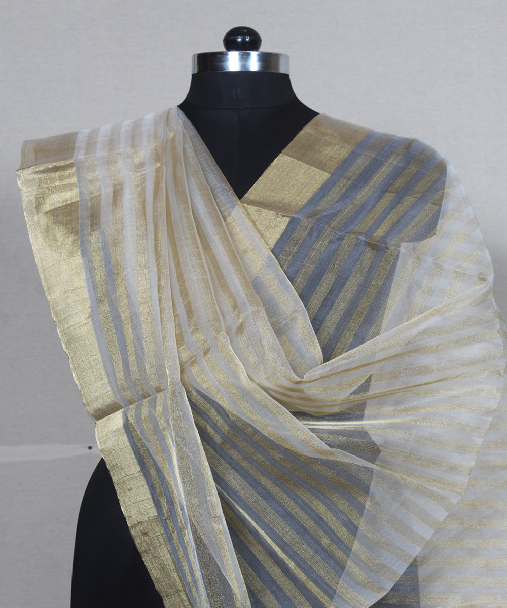 Offwhite golden zari striped cotton silk handwoven maheshwari dupatta