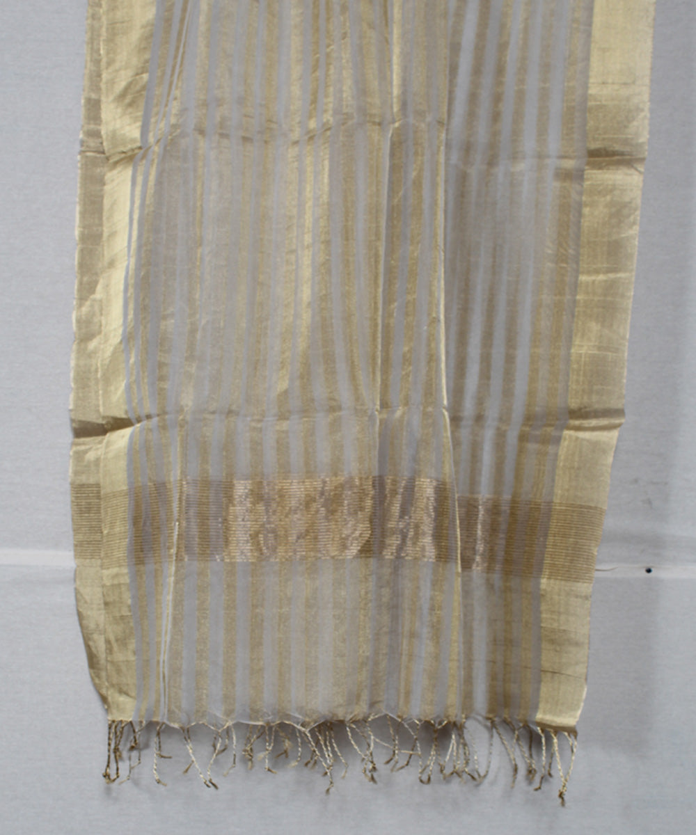 Offwhite golden zari striped cotton silk handwoven maheshwari dupatta