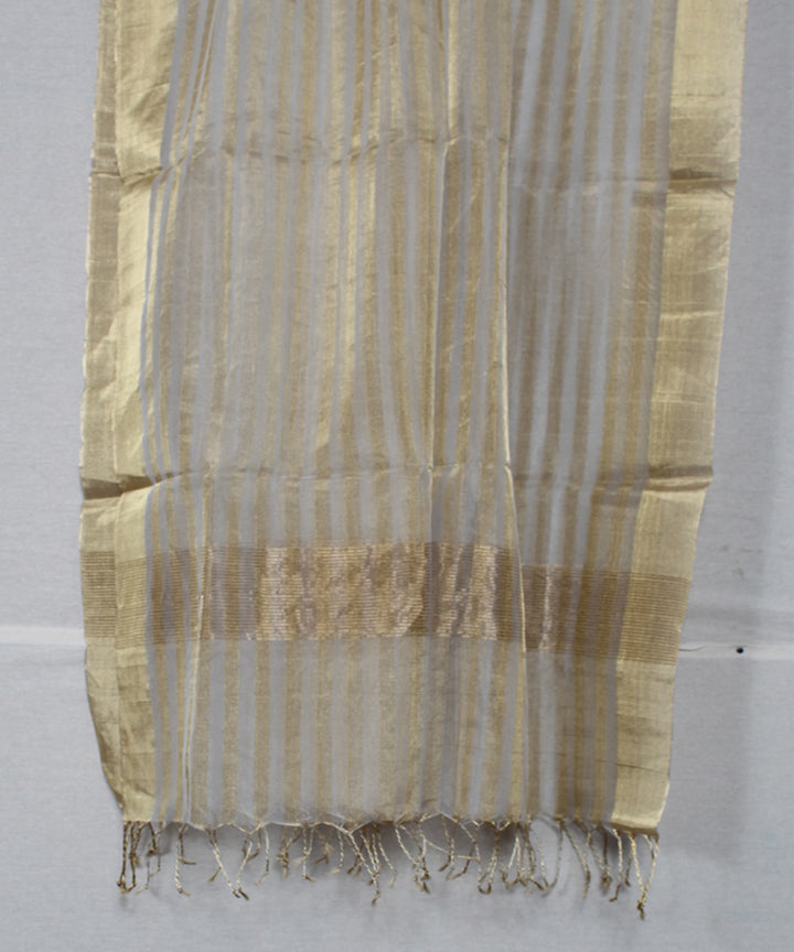 Offwhite golden zari striped cotton silk handwoven maheshwari dupatta