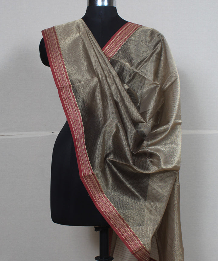 Grey red cotton silk handwoven maheshwari dupatta