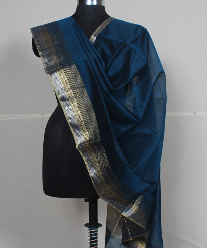 Navy blue golden zari cotton silk handwoven maheshwari dupatta