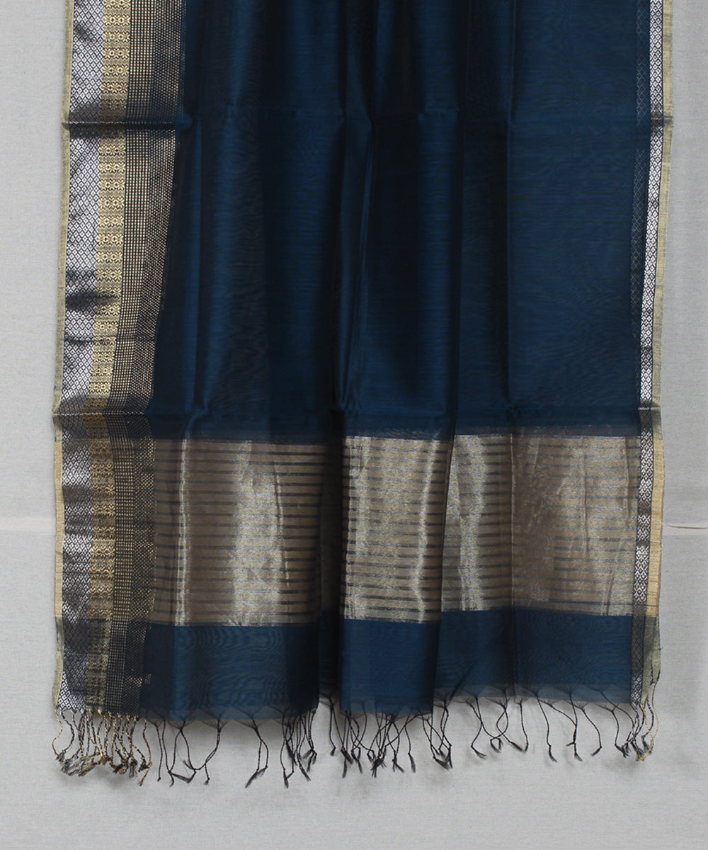 Navy blue golden zari cotton silk handwoven maheshwari dupatta