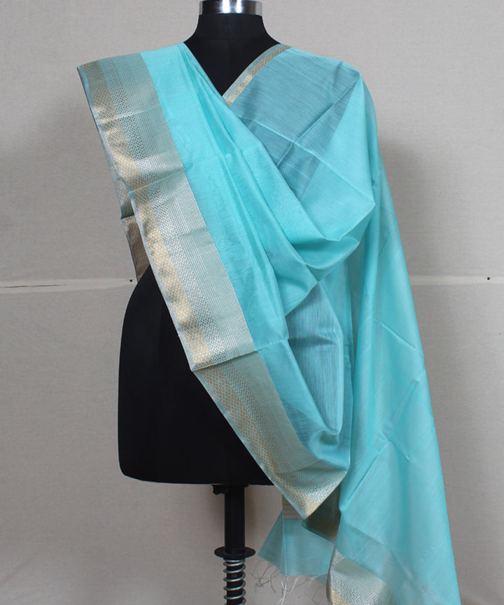 Sky blue golden zari cotton silk handwoven maheshwari dupatta