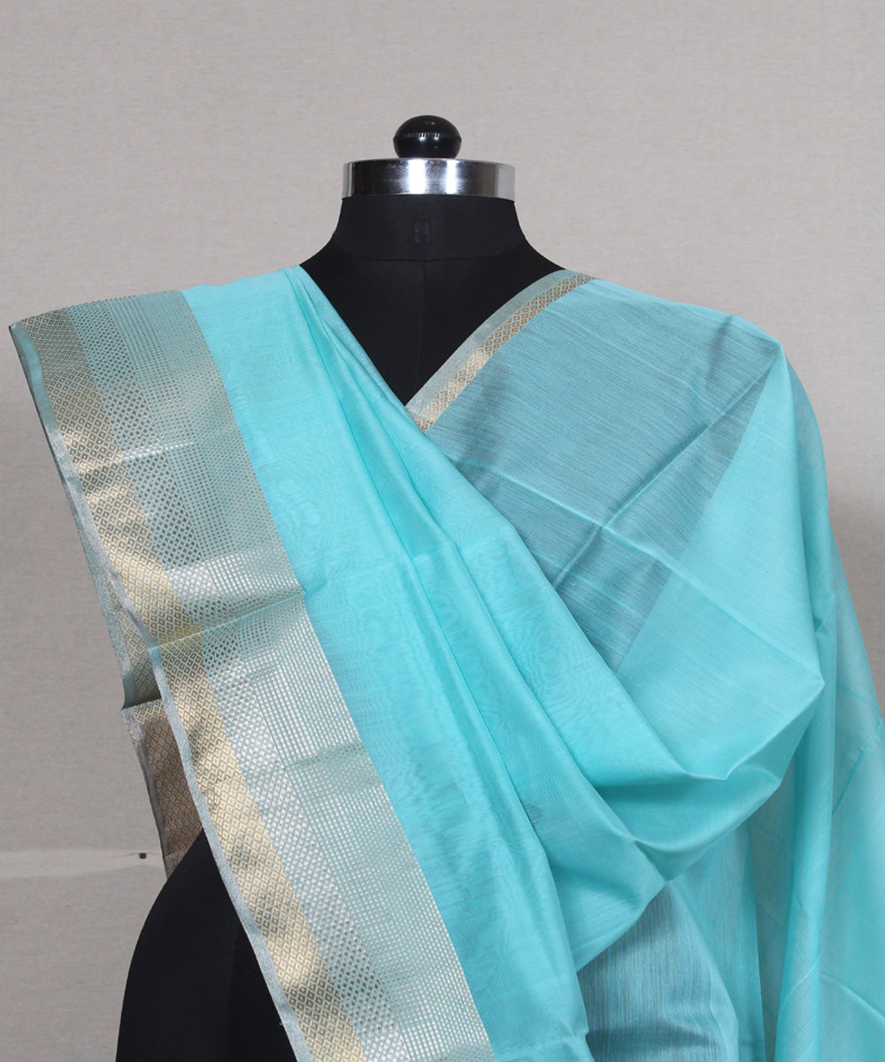 Sky blue golden zari cotton silk handwoven maheshwari dupatta