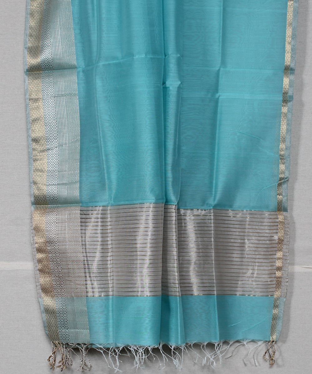 Sky blue golden zari cotton silk handwoven maheshwari dupatta