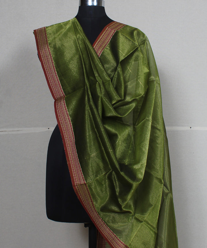 Olive green red cotton silk handwoven maheshwari dupatta