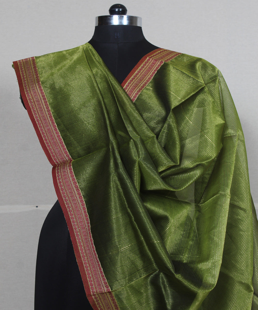 Olive green red cotton silk handwoven maheshwari dupatta