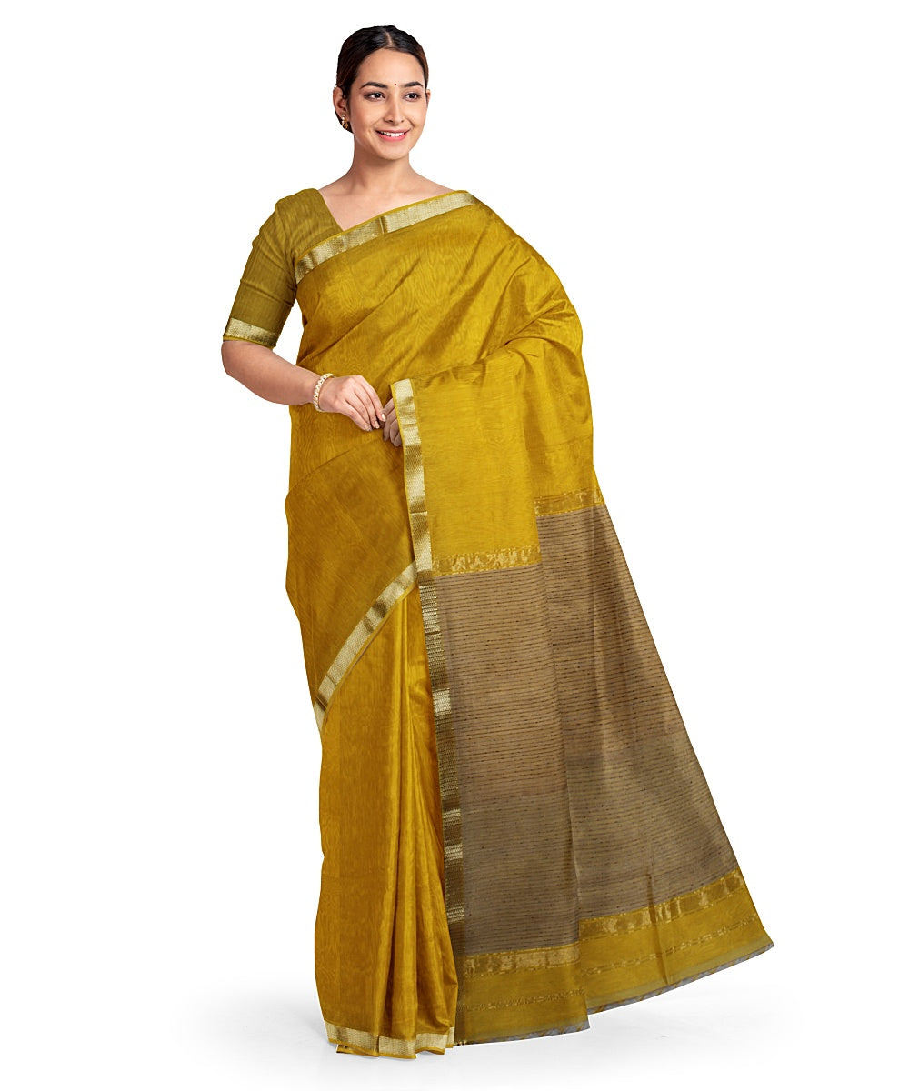 Yellow zari border cotton silk handwoven maheshwari saree