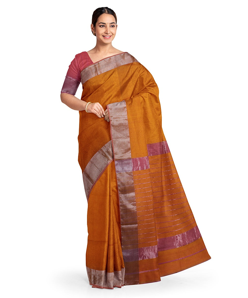 Orange pink handwoven maheshwari cotton silk saree