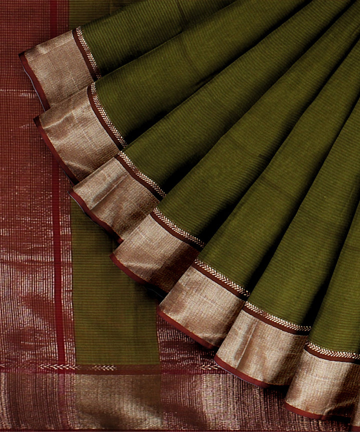 Olive green maroon cotton silk handwoven maheshwari saree