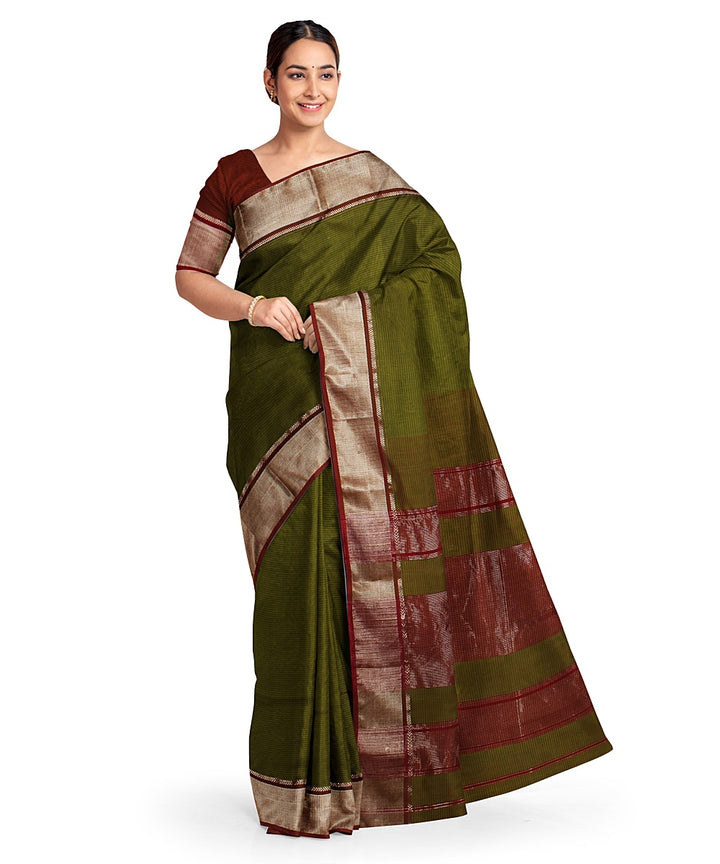 Olive green maroon cotton silk handwoven maheshwari saree