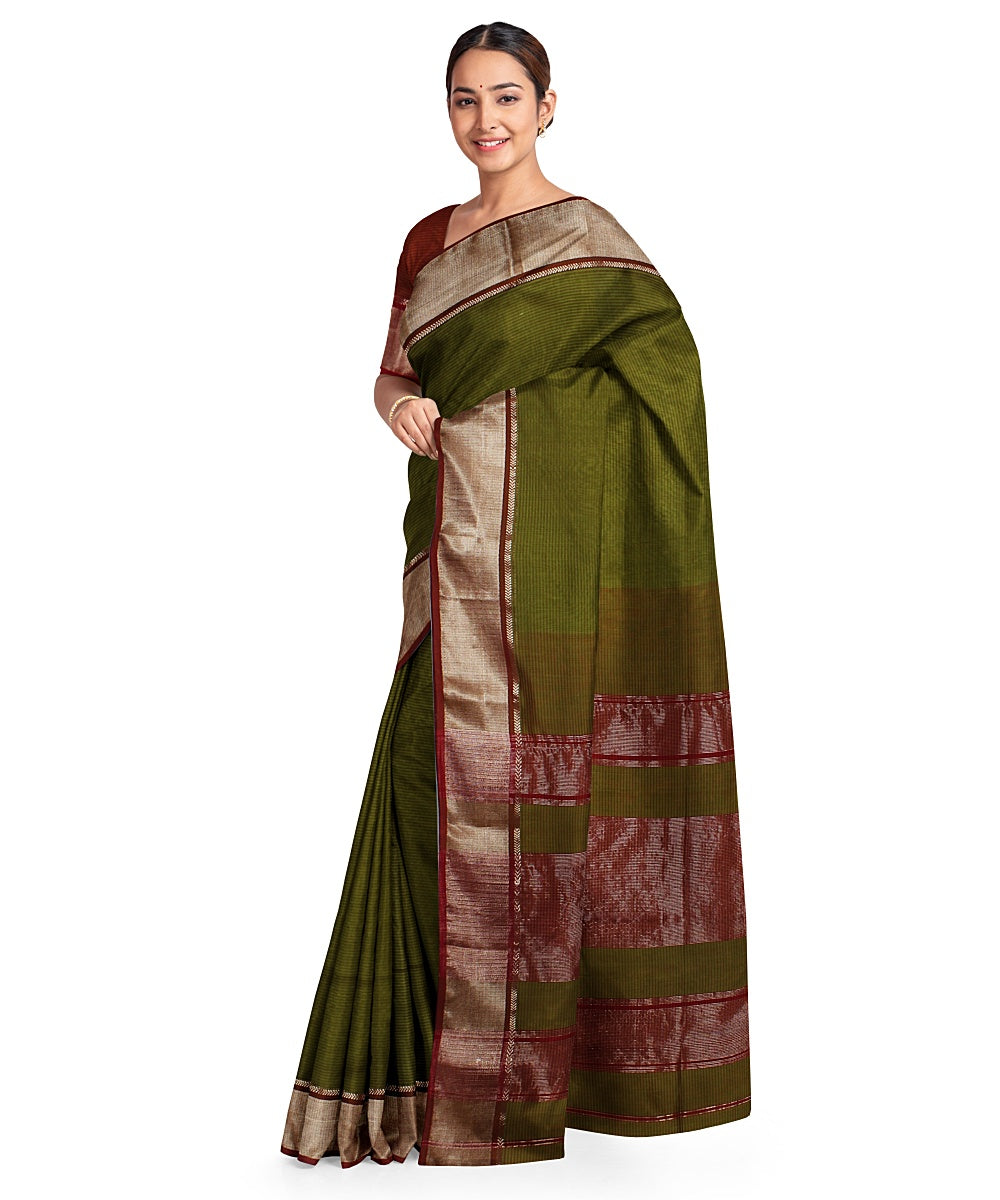 Olive green maroon cotton silk handwoven maheshwari saree