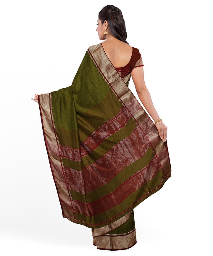 Olive green maroon cotton silk handwoven maheshwari saree