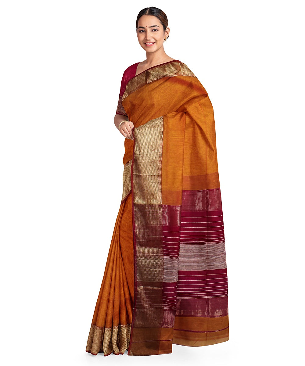 Orange pink cotton silk handwoven maheshwari saree