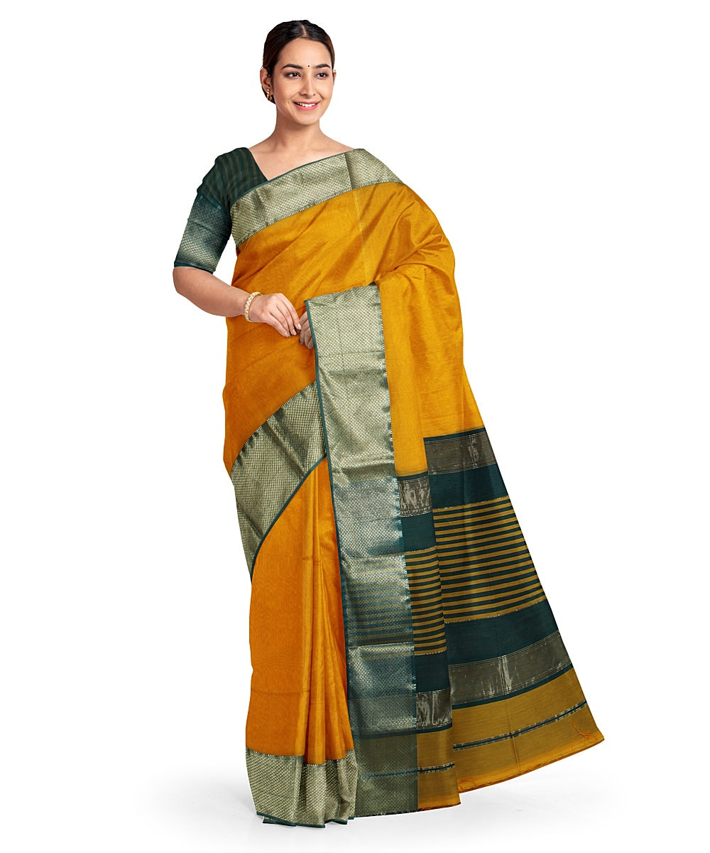 Yellow green cotton silk handwoven maheshwari saree