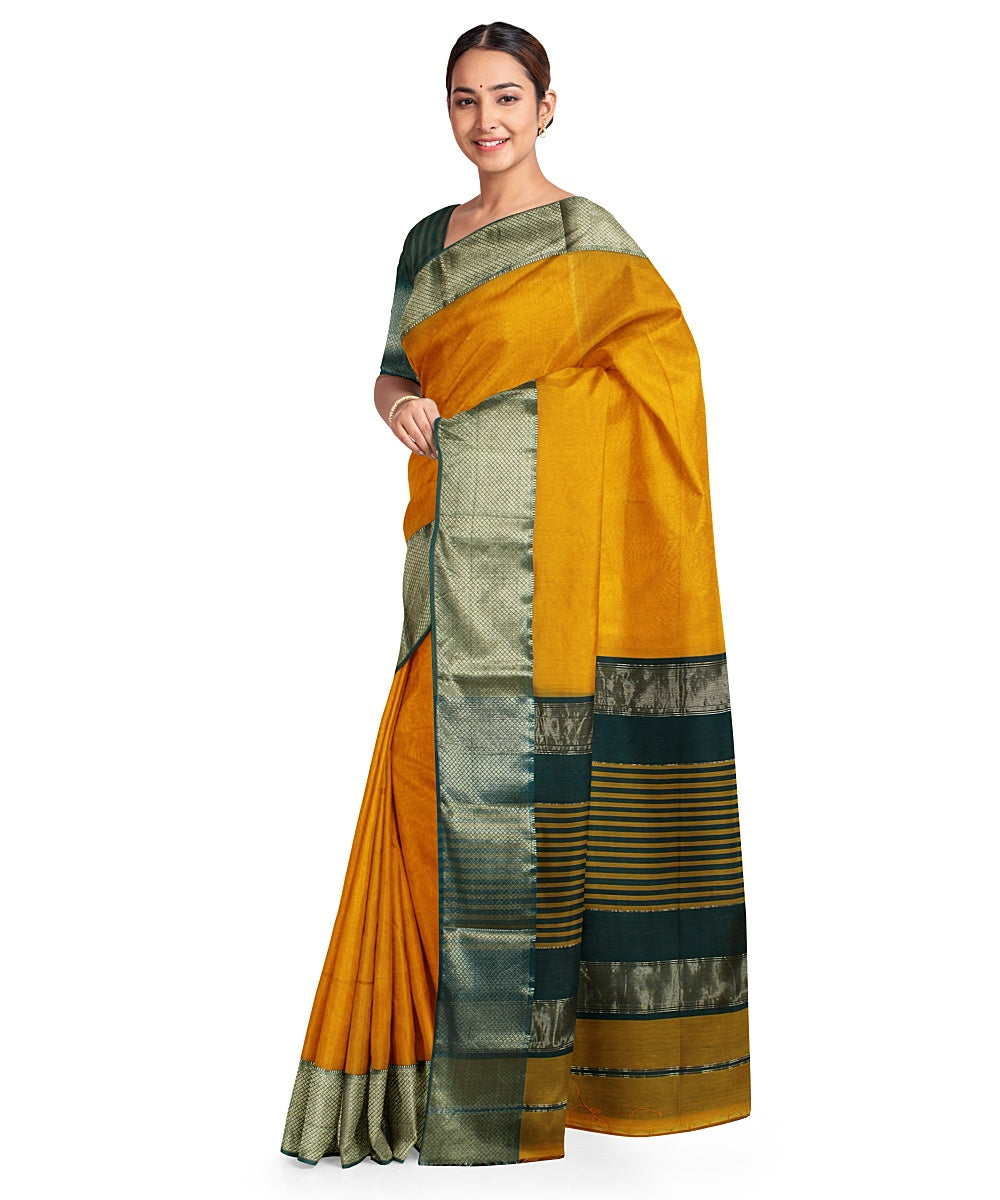 Yellow green cotton silk handwoven maheshwari saree