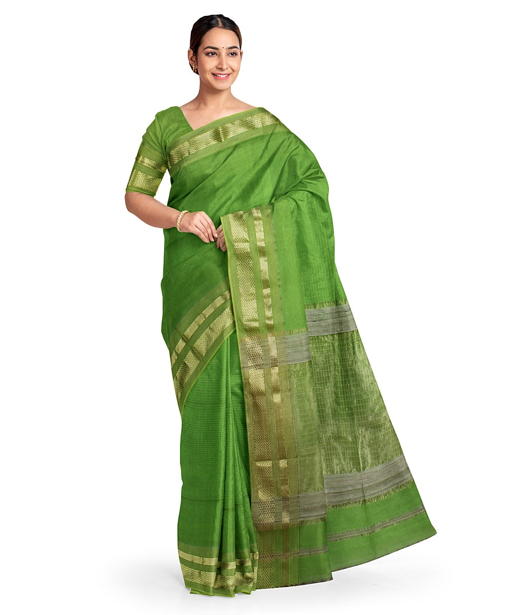 Lime green zari border cotton silk handwoven maheshwari saree