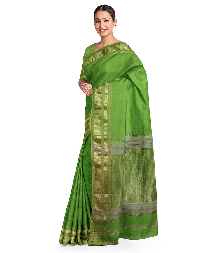 Lime green zari border cotton silk handwoven maheshwari saree