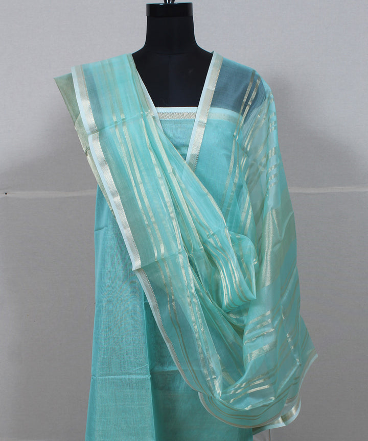 Cyan blue striped handwoven maheshwari cotton silk dress material