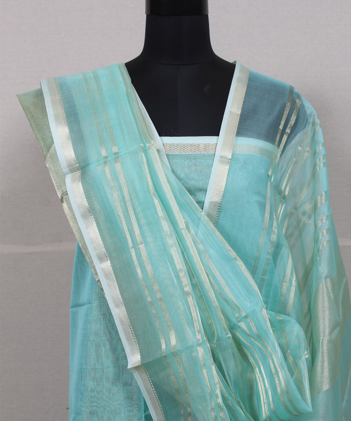 Cyan blue striped handwoven maheshwari cotton silk dress material