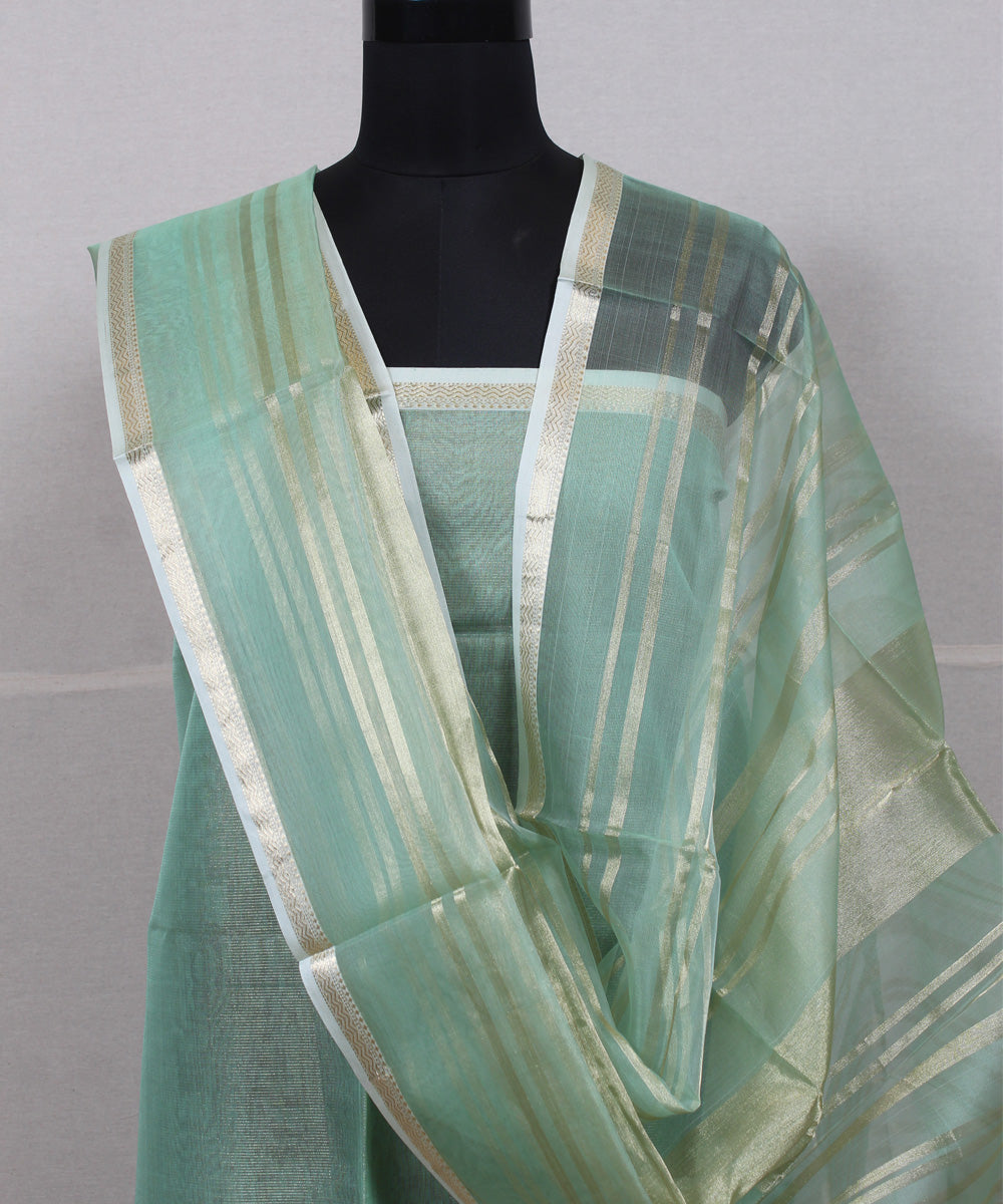 Cyan blue striped handloom cotton silk maheshwari dress material