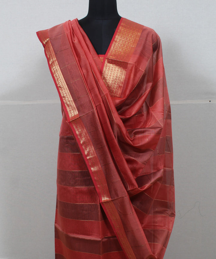 Red gold zari handwoven maheshwari cotton silk dress material