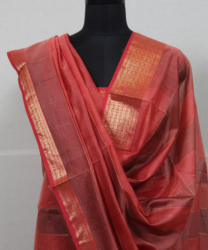 Red gold zari handwoven maheshwari cotton silk dress material