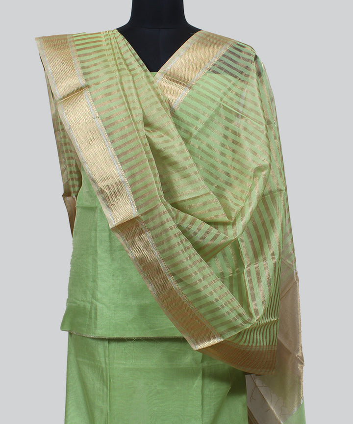 Light green striped handwoven cotton silk maheshwari dress material