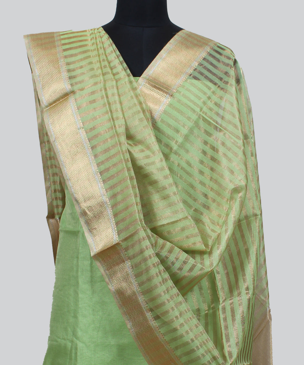 Light green striped handwoven cotton silk maheshwari dress material