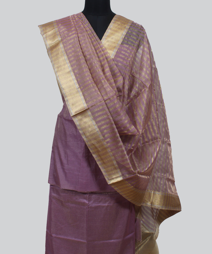 Purple striped handwoven cotton silk maheshwari dress material