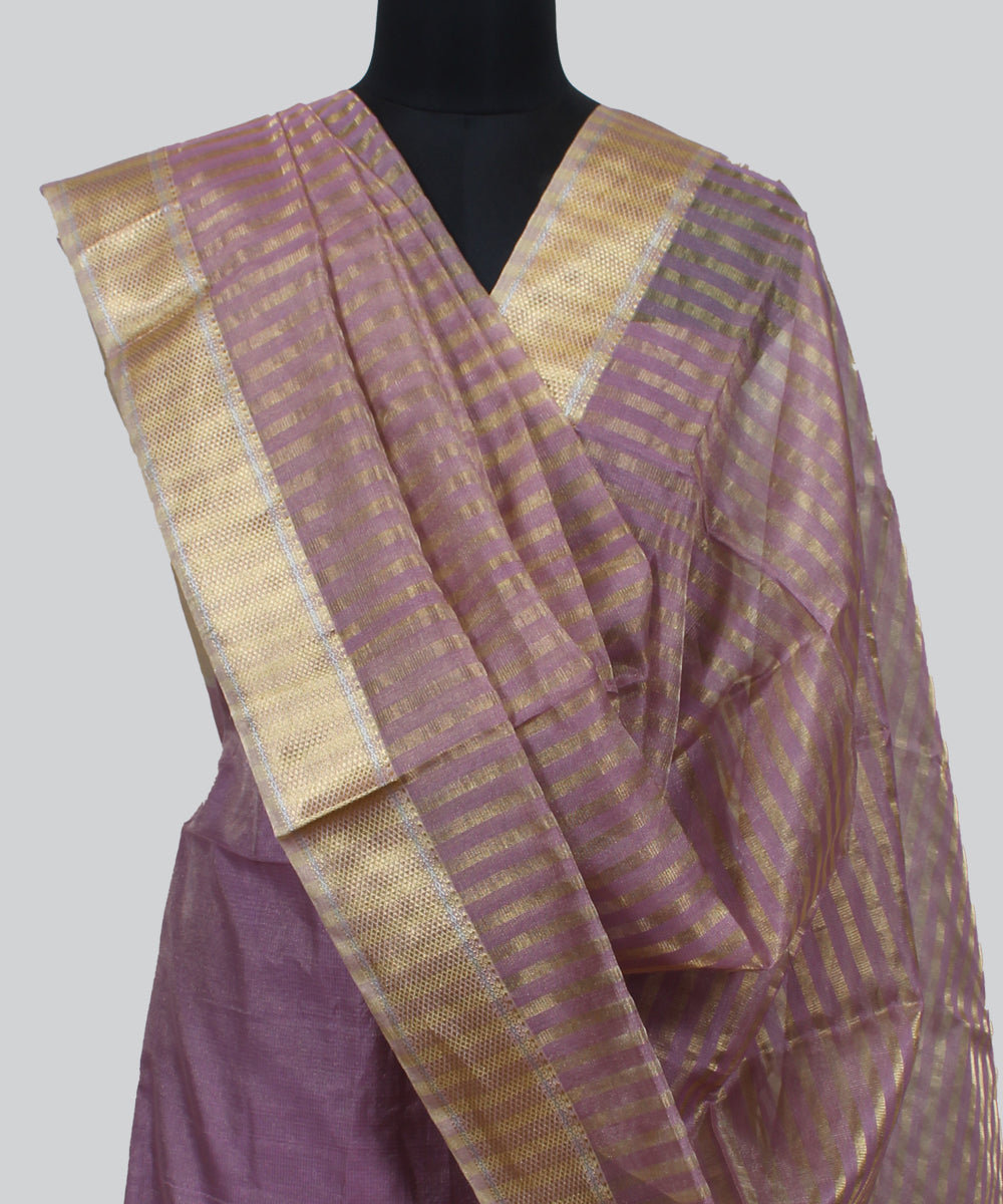 Purple striped handwoven cotton silk maheshwari dress material