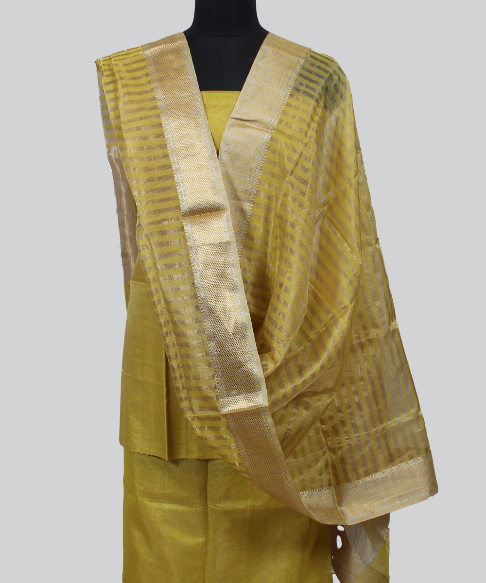 Yellow striped handwoven cotton silk maheshwari dress material