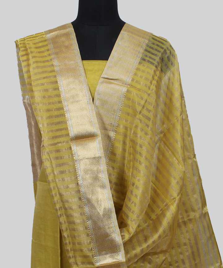 Yellow striped handwoven cotton silk maheshwari dress material