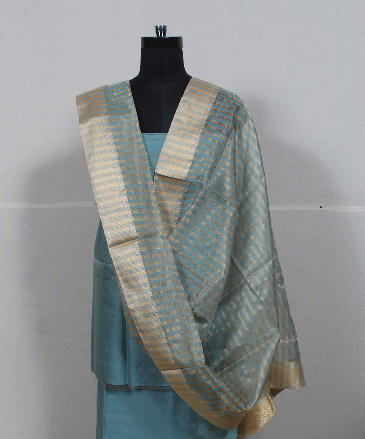 Cyan blue striped handwoven cotton silk maheshwari dress material