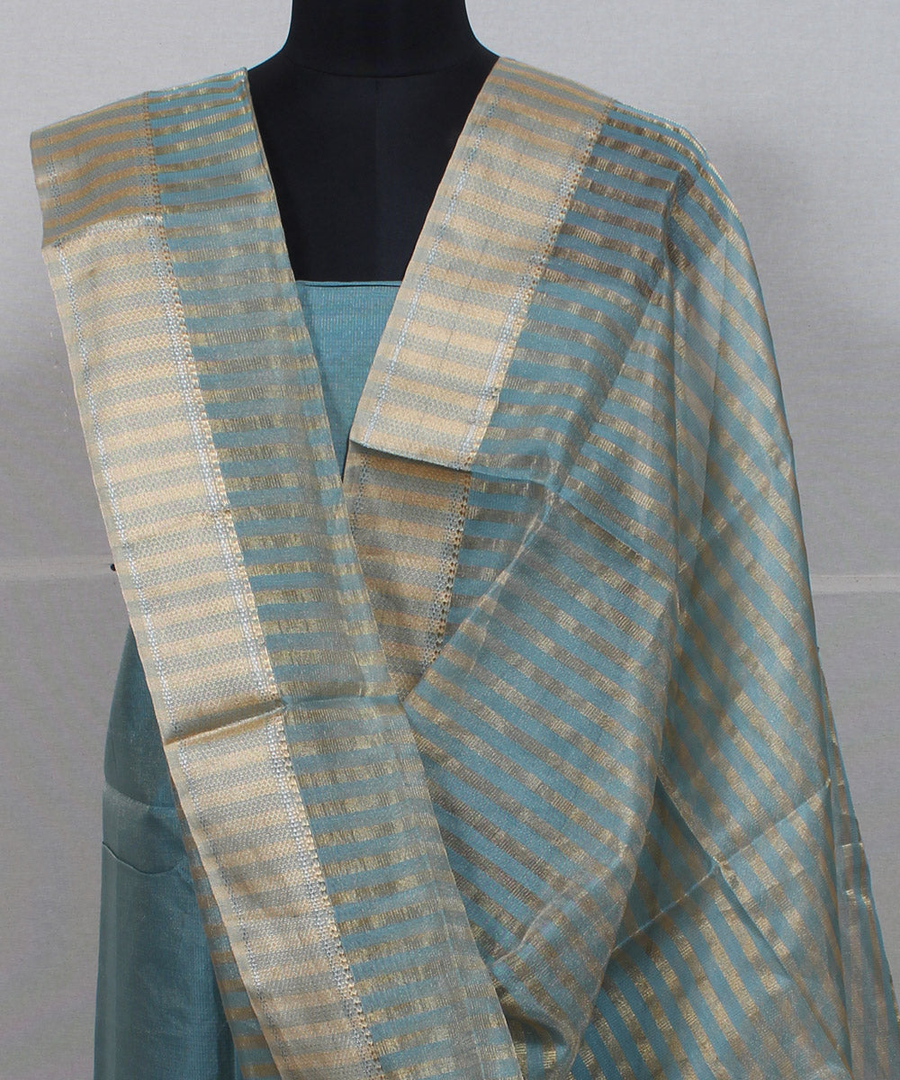 Cyan blue striped handwoven cotton silk maheshwari dress material