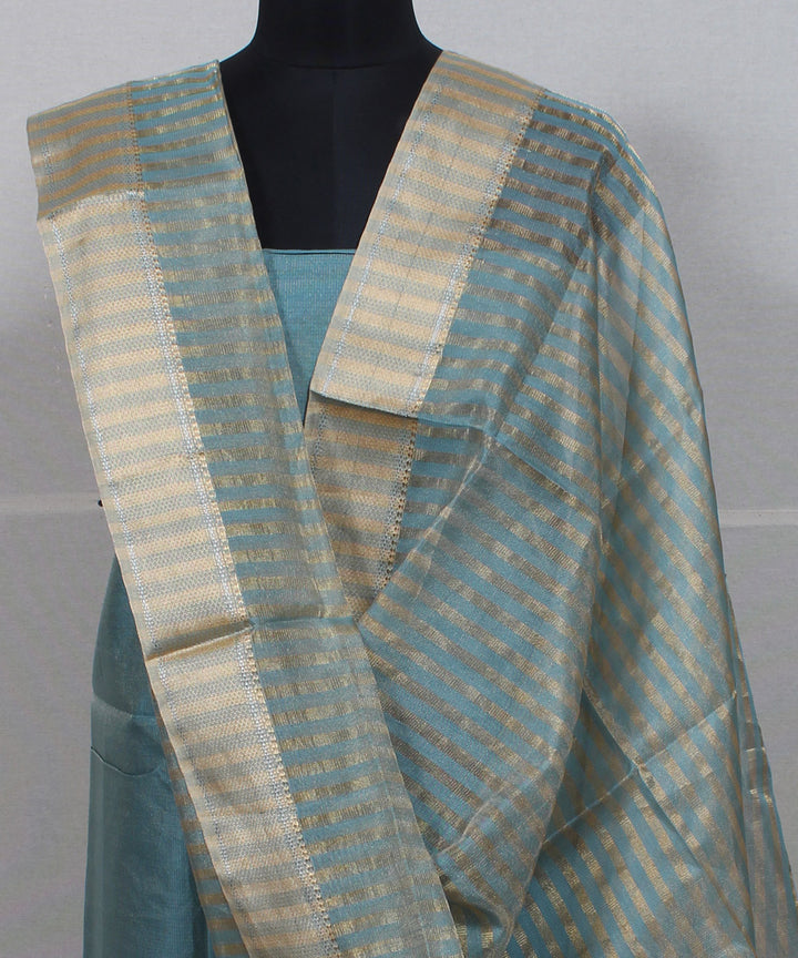 Cyan blue striped handwoven cotton silk maheshwari dress material