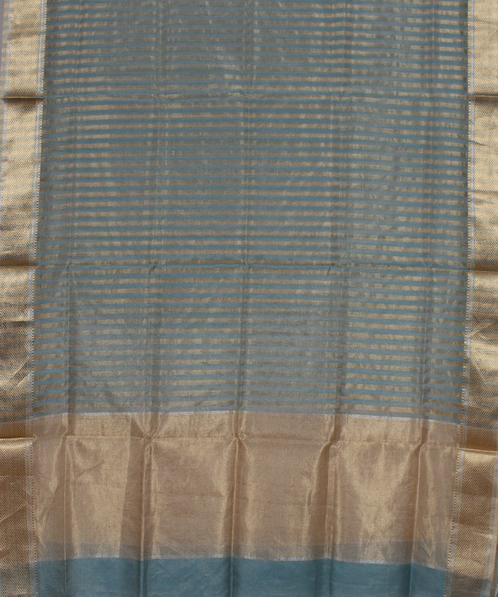 Cyan blue striped handwoven cotton silk maheshwari dress material