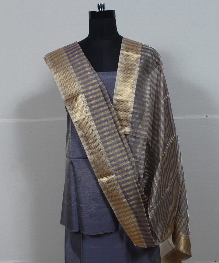 Grey striped handwoven cotton silk maheshwari dress material