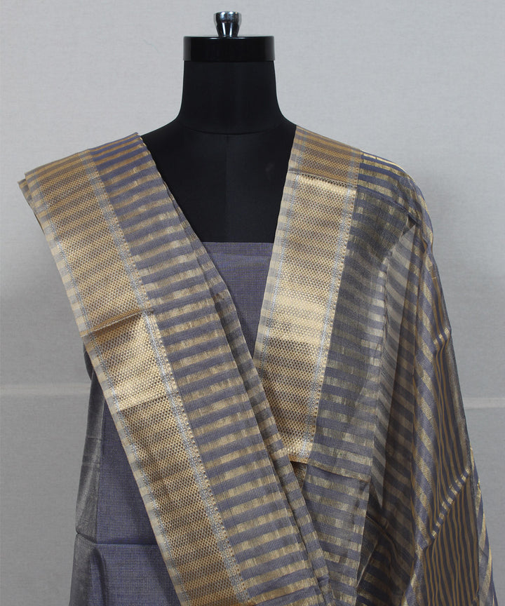 Grey striped handwoven cotton silk maheshwari dress material