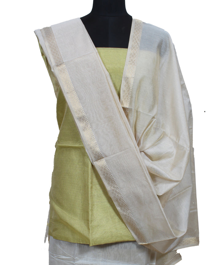 Lime green offwhite handwoven cotton silk maheshwari dress material